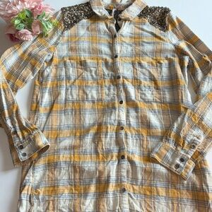 Free People Little Bit Of Sugar Plaid Flannel Sequin Shirt Womens LARGE Yellow